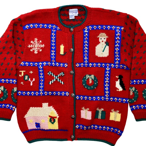 One of a Kind Shirley Duffy Wool Holiday Cardigan Vintage Red Sweater M - Picture 2 of 16